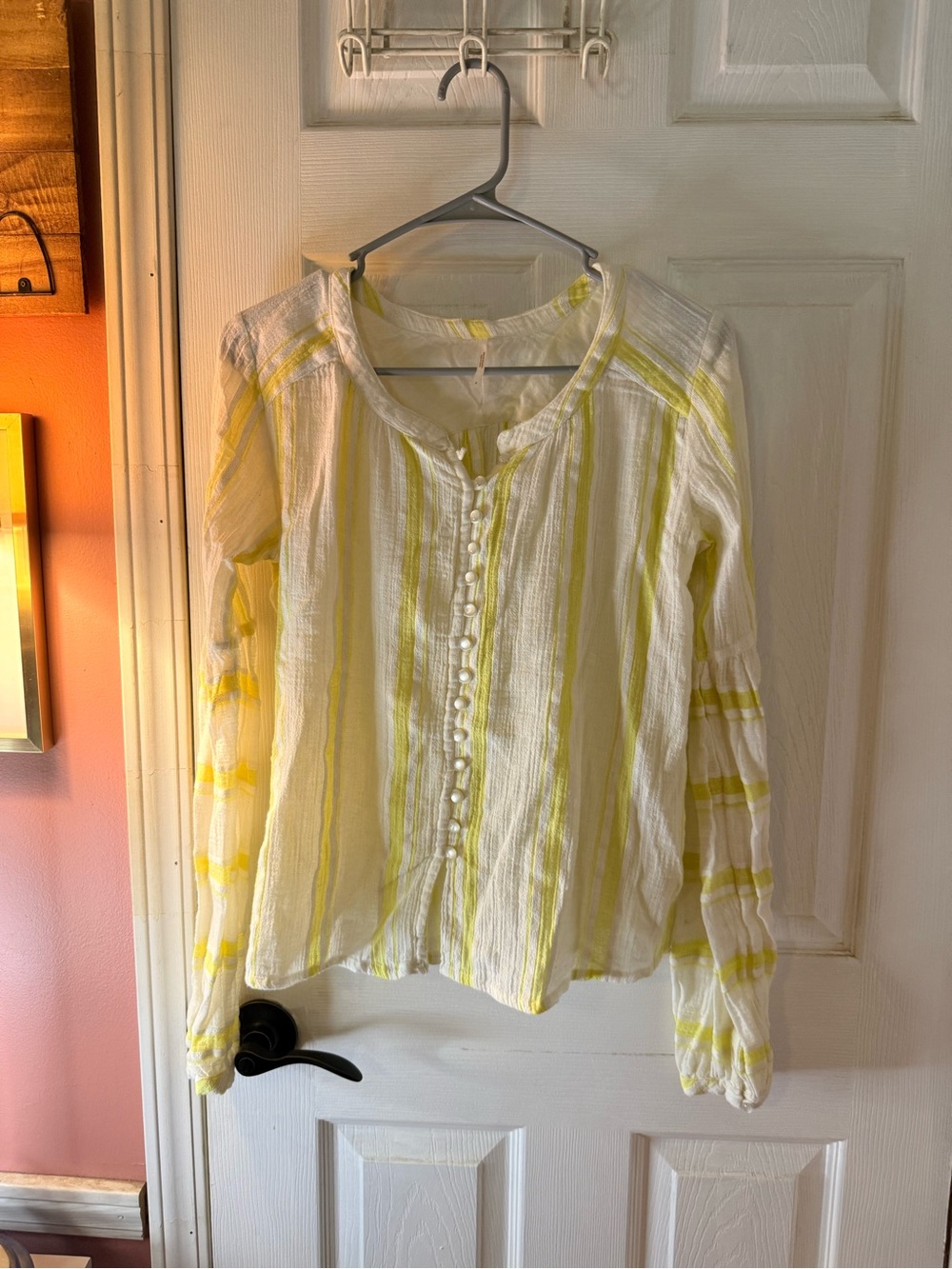 Free People Women's White and Yellow Striped Button-Front Peasant Blouse